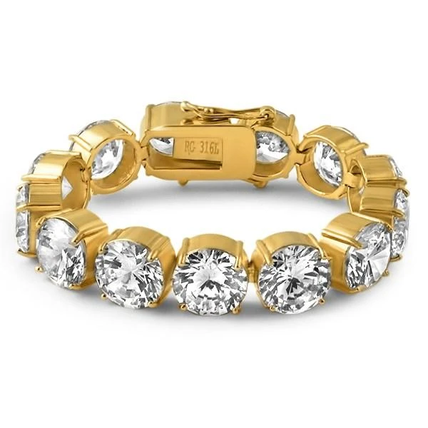 15MM 1 Row Tennis Bracelet Gold Steel Bling 3 15MM 1 Row Tennis Bracelet Gold Steel Bling