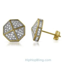 3D Pointed Octagon Gold CZ Hip Hop Earrings