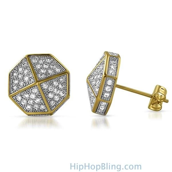 3D Pointed Octagon Gold CZ Hip Hop Earrings 3 3D Pointed Octagon Gold CZ Hip Hop Earrings