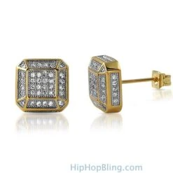 3D Smooth Box Gold CZ Micro Pave Bling Earrings