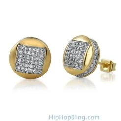 3D Square In Circle Gold CZ Bling Bling Earrings