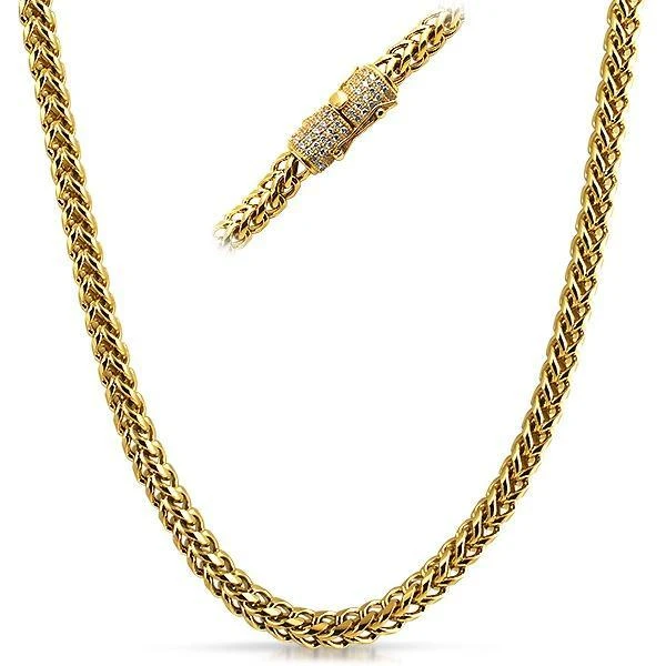 6MM CZ Diamond Clasp Gold Steel Franco Chain (24 Inches) 3 6MM CZ Diamond Clasp Gold Steel Franco Chain (24 Inches)