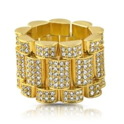 .925 Silver Presidential Link Gold CZ Bling Bling Ring
