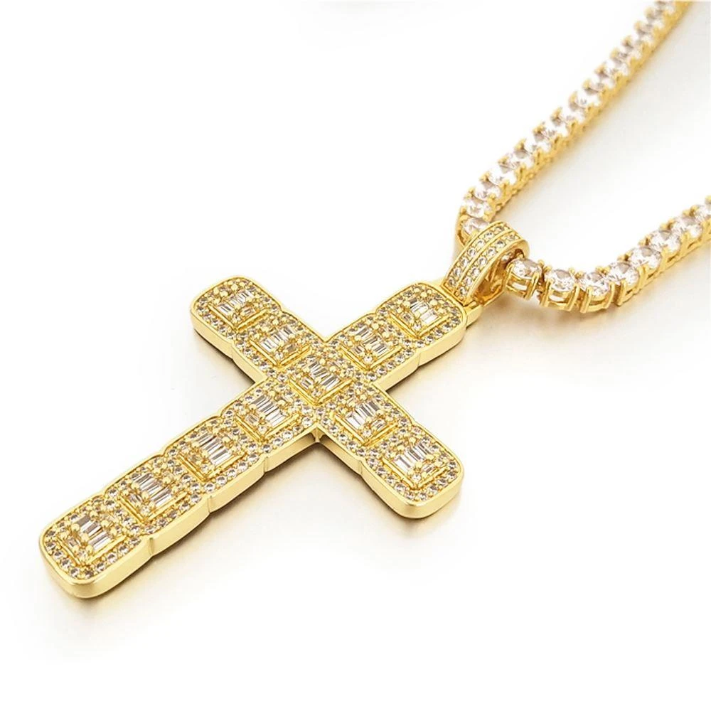 Baguette Cluster Cross Bling Pendant In White / Yellow Gold 4 Baguette Cluster Cross Bling Pendant In White / Yellow Gold - Image 2