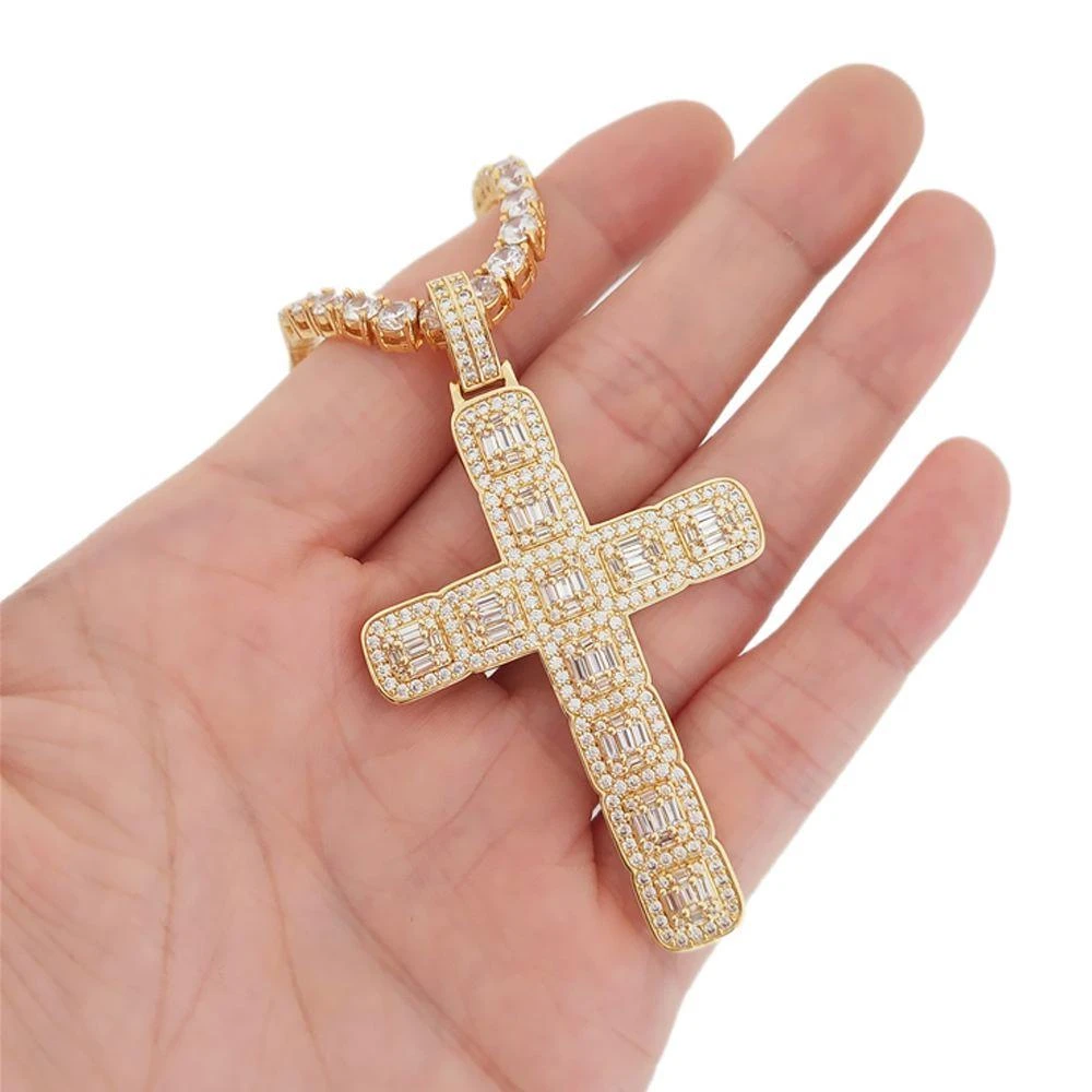 Baguette Cluster Cross Bling Pendant In White / Yellow Gold 5 Baguette Cluster Cross Bling Pendant In White / Yellow Gold - Image 3