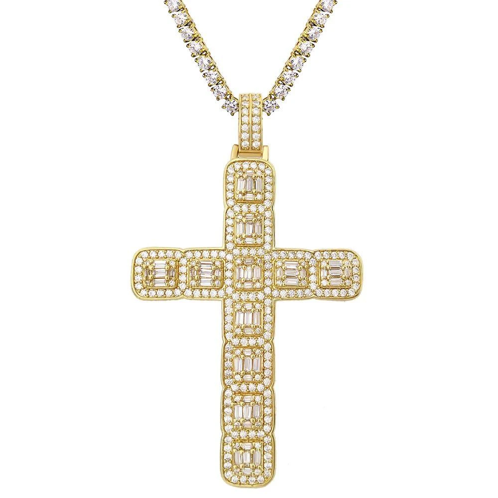 Baguette Cluster Cross Bling Pendant In White / Yellow Gold 6 Baguette Cluster Cross Bling Pendant In White / Yellow Gold - Image 4
