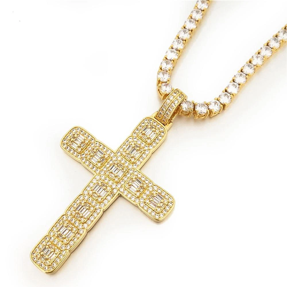 Baguette Cluster Cross Bling Pendant In White / Yellow Gold 3 Baguette Cluster Cross Bling Pendant In White / Yellow Gold