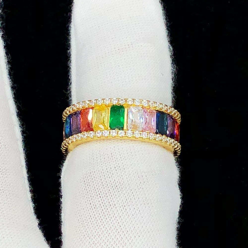 Colorful Baguette Eternity Gold Iced Out Ring .925 Sterling Silver 3 Colorful Baguette Eternity Gold Iced Out Ring .925 Sterling Silver