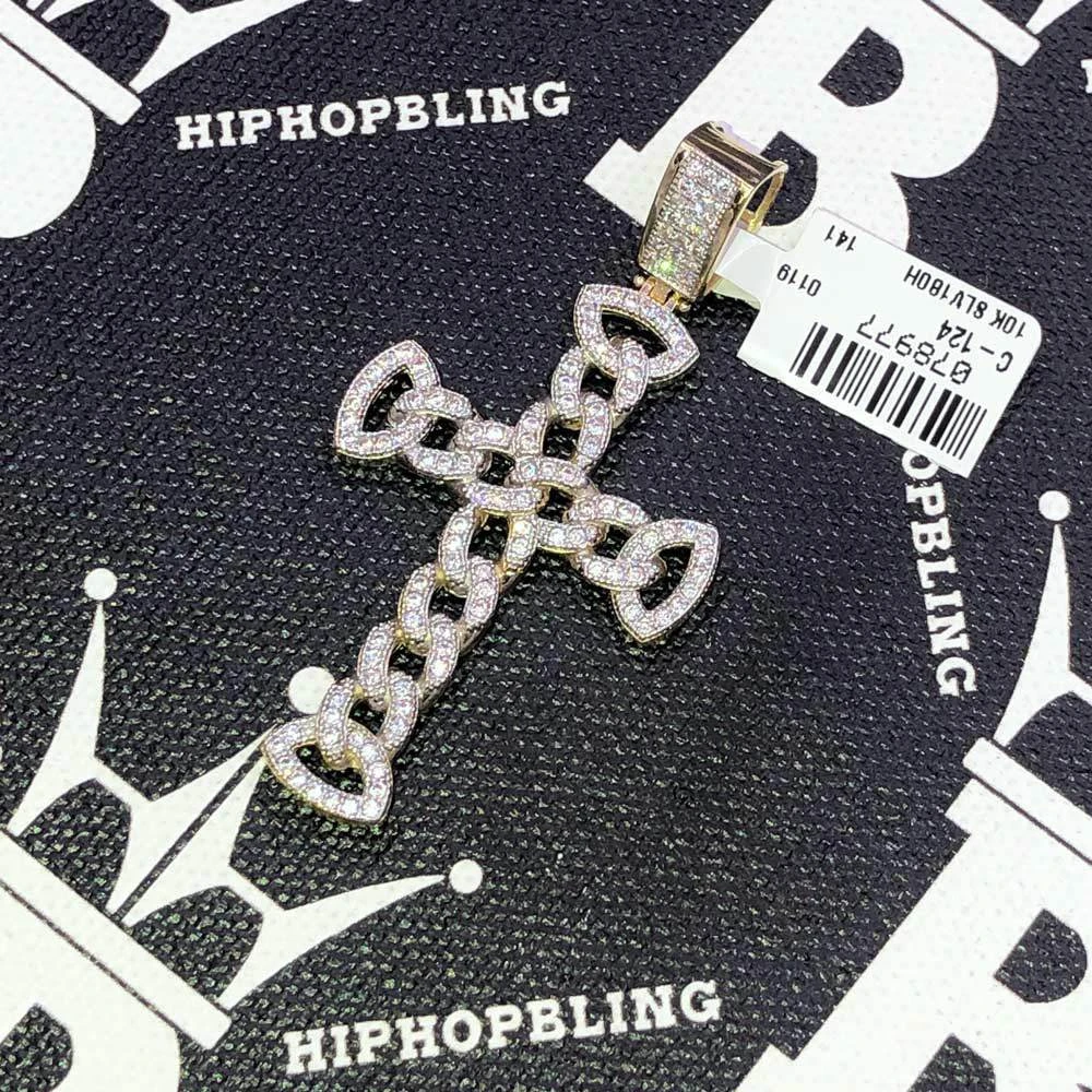 Cuban Link Cross VVS CZ 10K Yellow Gold Pendant 3 Cuban Link Cross VVS CZ 10K Yellow Gold Pendant