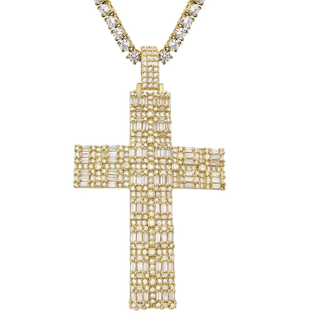 Custom Fat Baguette Cross Pendant In White / Yellow Gold 5 Custom Fat Baguette Cross Pendant In White / Yellow Gold - Image 3