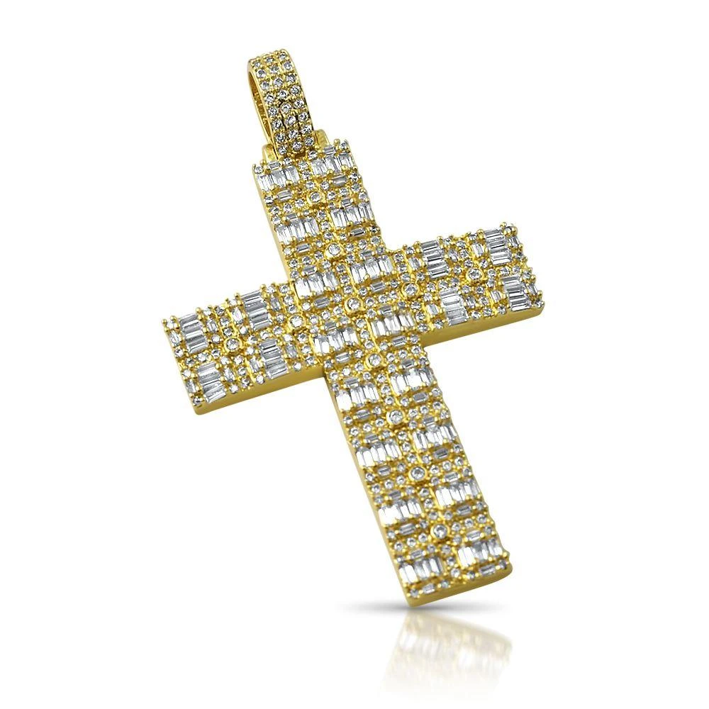 Custom Fat Baguette Cross Pendant In White / Yellow Gold 3 Custom Fat Baguette Cross Pendant In White / Yellow Gold