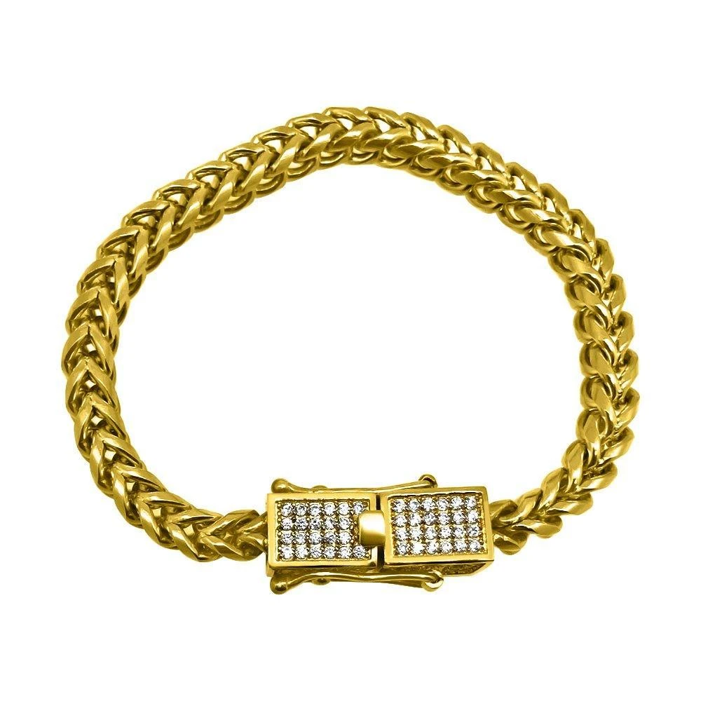 CZ Box Clasp Triple Lock Gold Steel Franco Bracelet 3 CZ Box Clasp Triple Lock Gold Steel Franco Bracelet