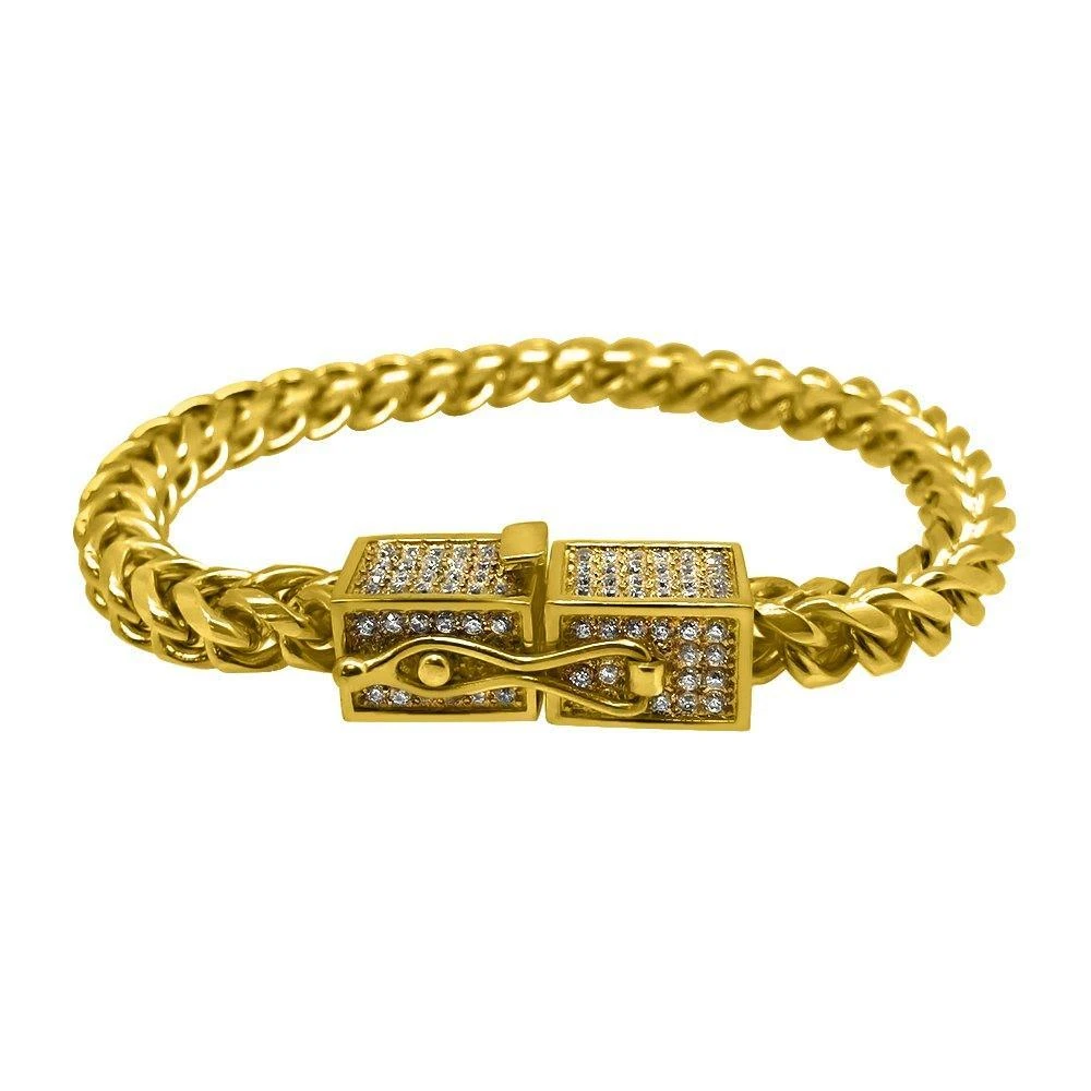 CZ Box Clasp Triple Lock Gold Steel Franco Bracelet 4 CZ Box Clasp Triple Lock Gold Steel Franco Bracelet - Image 2