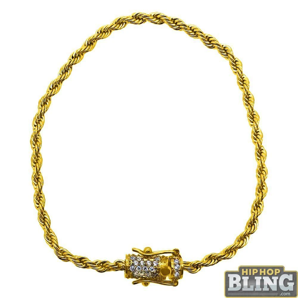 CZ Diamond Lock 3MM Gold Rope Bracelet 3 CZ Diamond Lock 3MM Gold Rope Bracelet