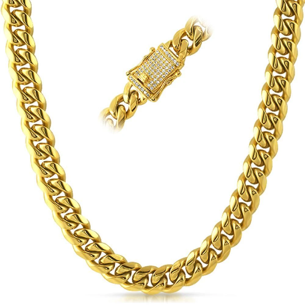CZ Diamond Lock Cuban Chain 12MM Gold Steel 3 CZ Diamond Lock Cuban Chain 12MM Gold Steel