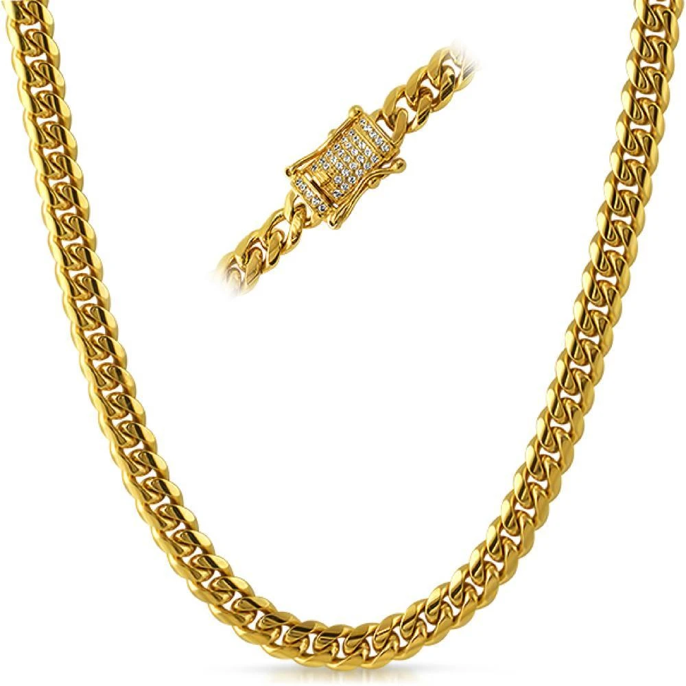 CZ Diamond Lock Cuban Chain 8MM Gold Steel 3 CZ Diamond Lock Cuban Chain 8MM Gold Steel
