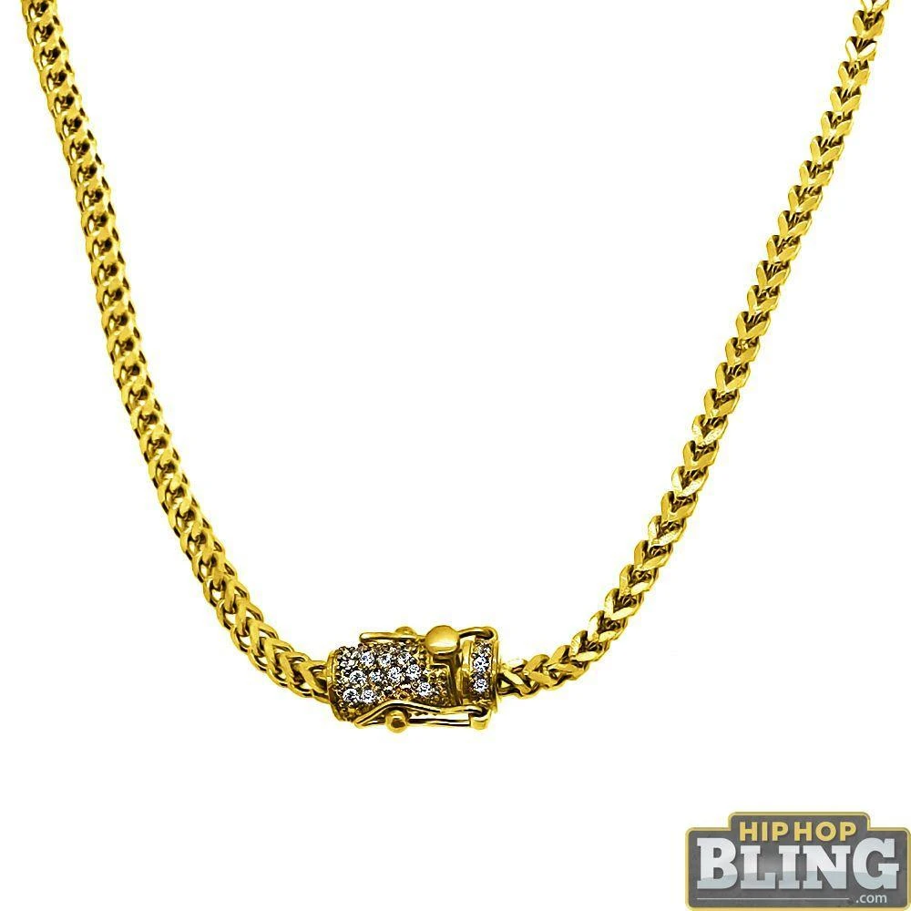 CZ Diamond Lock Gold Steel 2.5MM Franco Chain 3 CZ Diamond Lock Gold Steel 2.5MM Franco Chain