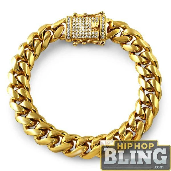 CZ Diamond Lock Gold Steel Cuban Bracelet 12MM 3 CZ Diamond Lock Gold Steel Cuban Bracelet 12MM