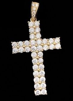 Double Tennis Cross VVS CZ Pendant 10K Yellow Gold