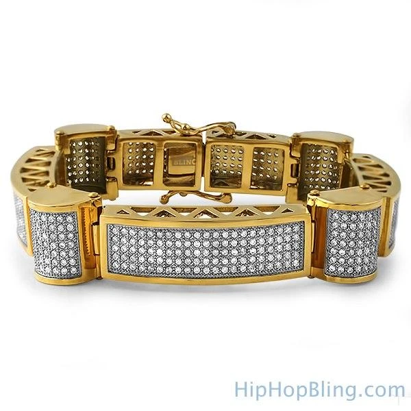Gold Ice Cylinders Micro Pave CZ Steel Bracelet 3 Gold Ice Cylinders Micro Pave CZ Steel Bracelet