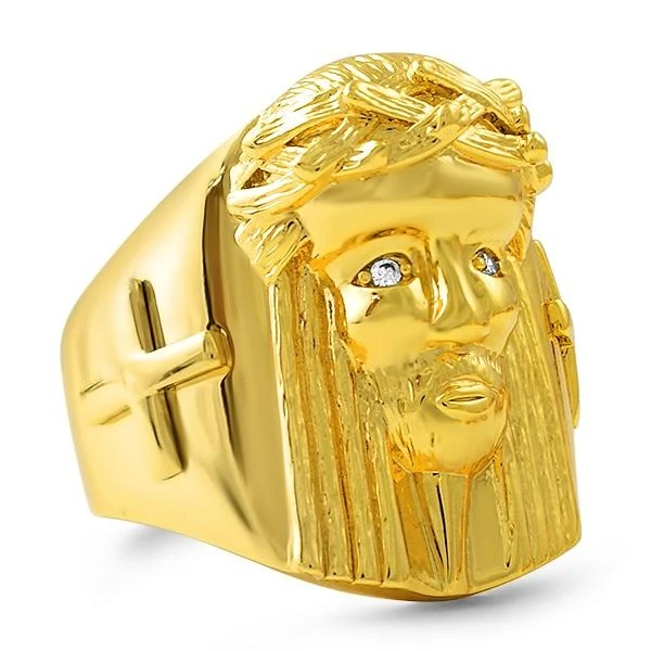 Gold Jesus Piece Ring With Cross 3 Gold Jesus Piece Ring With Cross