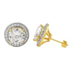 Gold XL Halo Solitaire Bling Bling CZ Earrings