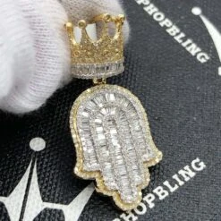 Hamsa Crown Baguette Diamond Pendant 1.80cttw 10K Yellow Gold