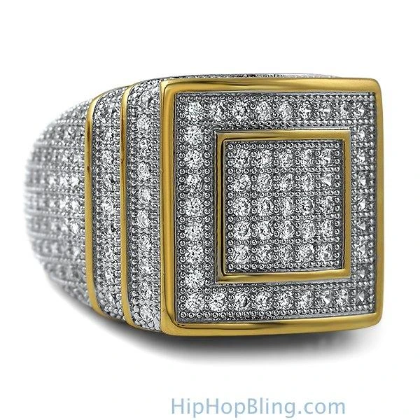 Ice Stacked Gold CZ Micro Pave Iced Out Ring 3 Ice Stacked Gold CZ Micro Pave Iced Out Ring