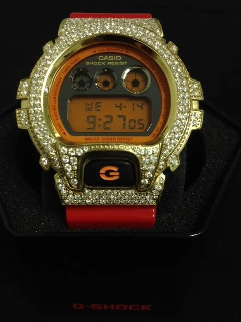 Iced Out Gold G Shock Red Watch DW6900 3 Iced Out Gold G Shock Red Watch DW6900