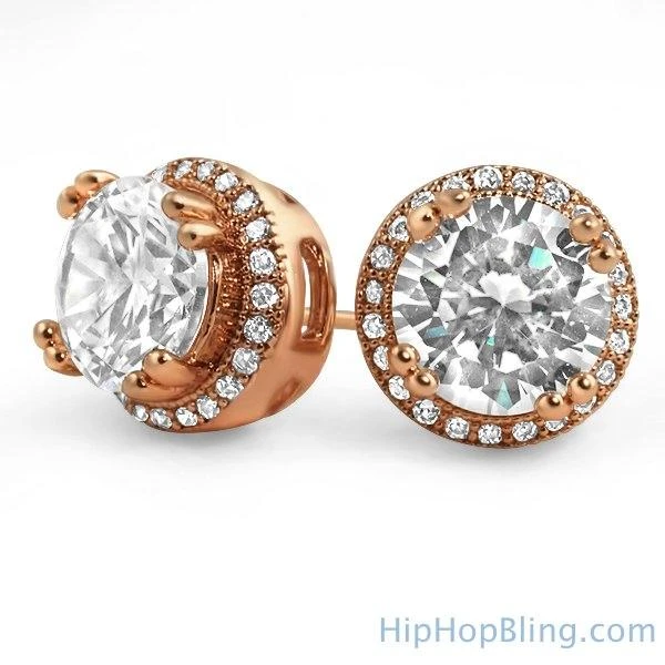 Pave Ice Border Gold CZ Solitaire Bling Bling Earrings 7 Pave Ice Border Gold CZ Solitaire Bling Bling Earrings - Image 5