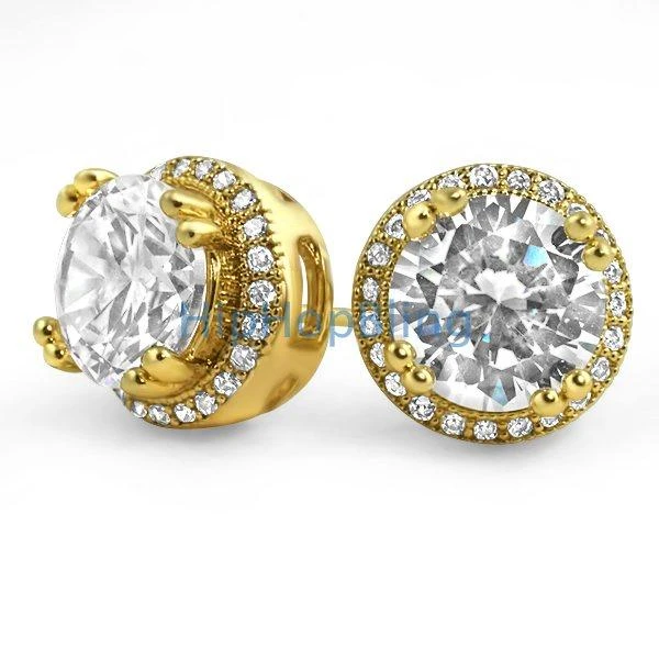 Pave Ice Border Gold CZ Solitaire Bling Bling Earrings 3 Pave Ice Border Gold CZ Solitaire Bling Bling Earrings