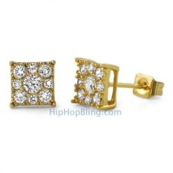Square Cluster Gold CZ Bling Bling Earrings
