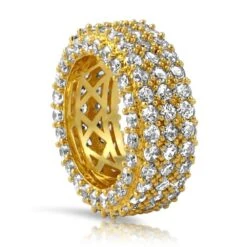 Triple Ice Decker 360 CZ Eternity Hip Hop Ring Band In Gold