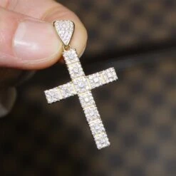 VVS CZ 10K Yellow Gold Mini Block Tennis Cross Pendant